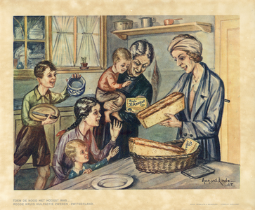 136062 Afbeelding van een moeder met een pak Zweedse Bästa Riksväxt margarine en een brood in haar handen dat door ...